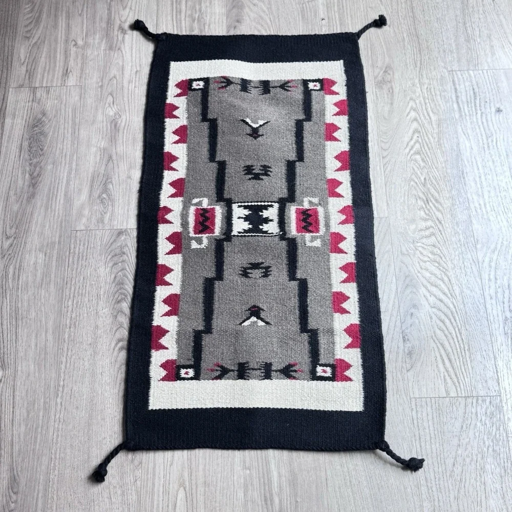 Southwestern Wool Tapestry Rug 20x40 Navajo Native Design Corner Knots Black Red